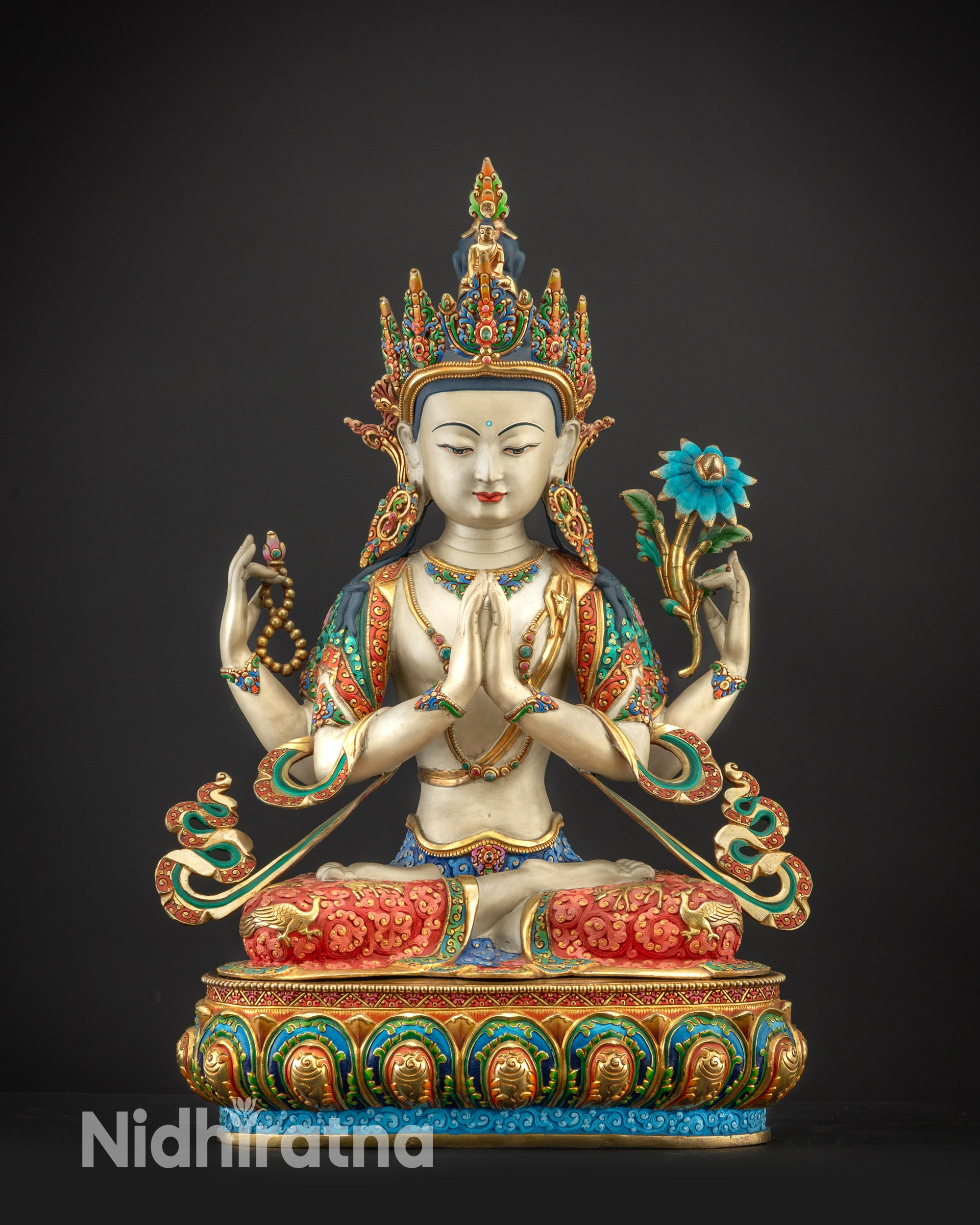 Front view Chenrezig Statue with gold-plated crown and lotus seat in meditative posture