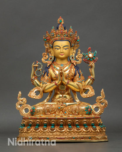 Front view Chenrezig statue, 24k gold gilded copper, lotus seat, handmade Nepalese art