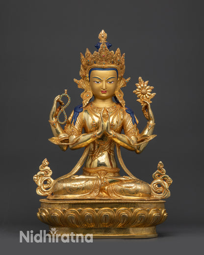 Front view Chenrezig statue gold-gilded copper Avalokiteshvara for meditation altar