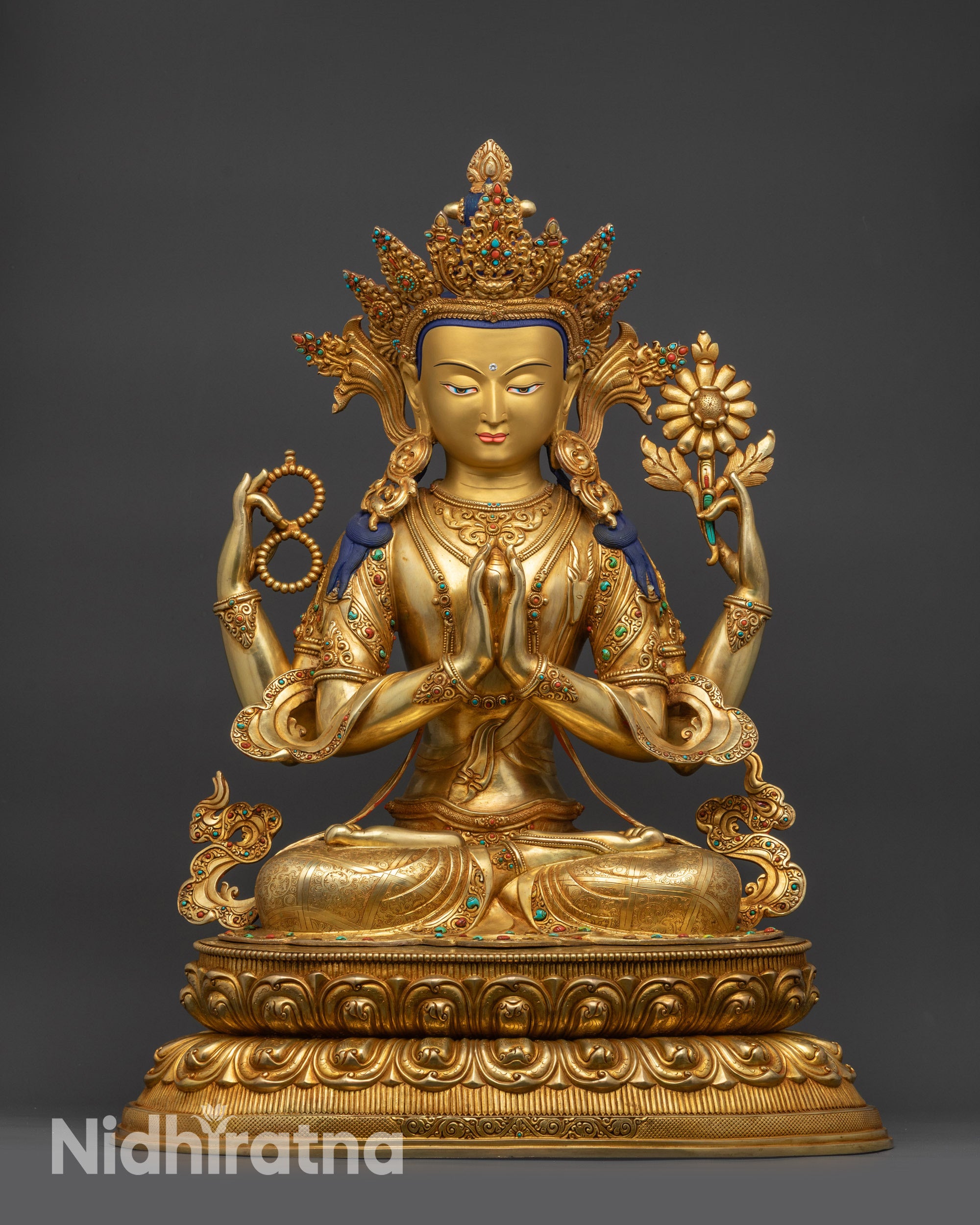Front view Chenrezig statue gold-gilded copper Bodhisattva on lotus seat