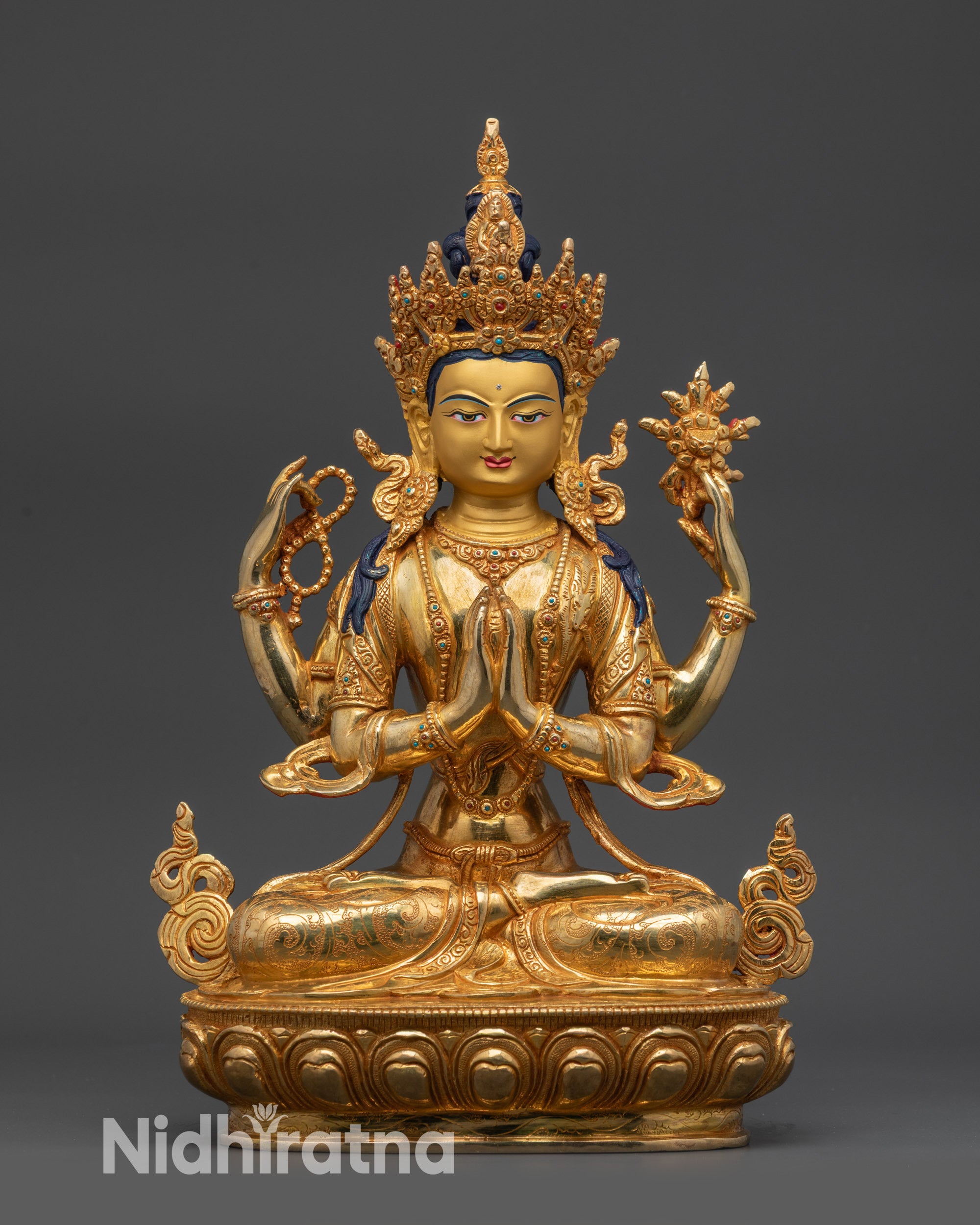 Front view Chenrezig statue gold-gilded copper for home altar and meditation