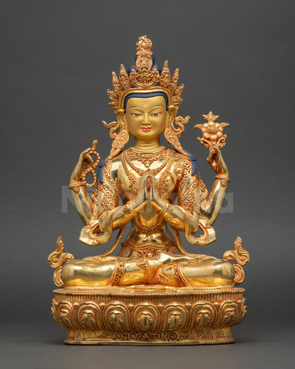 Front view Chenrezig statue handcrafted in Nepal copper with gold-gilded finish