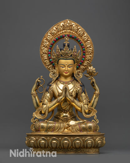 Front view Chenrezig statue on lotus throne with gold-gilded face and semi-precious stones
