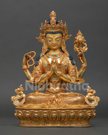 Front view Chenrezig statue seated on lotus pedestal, Four-Armed Avalokiteshvara Buddhist sculpture Nepal