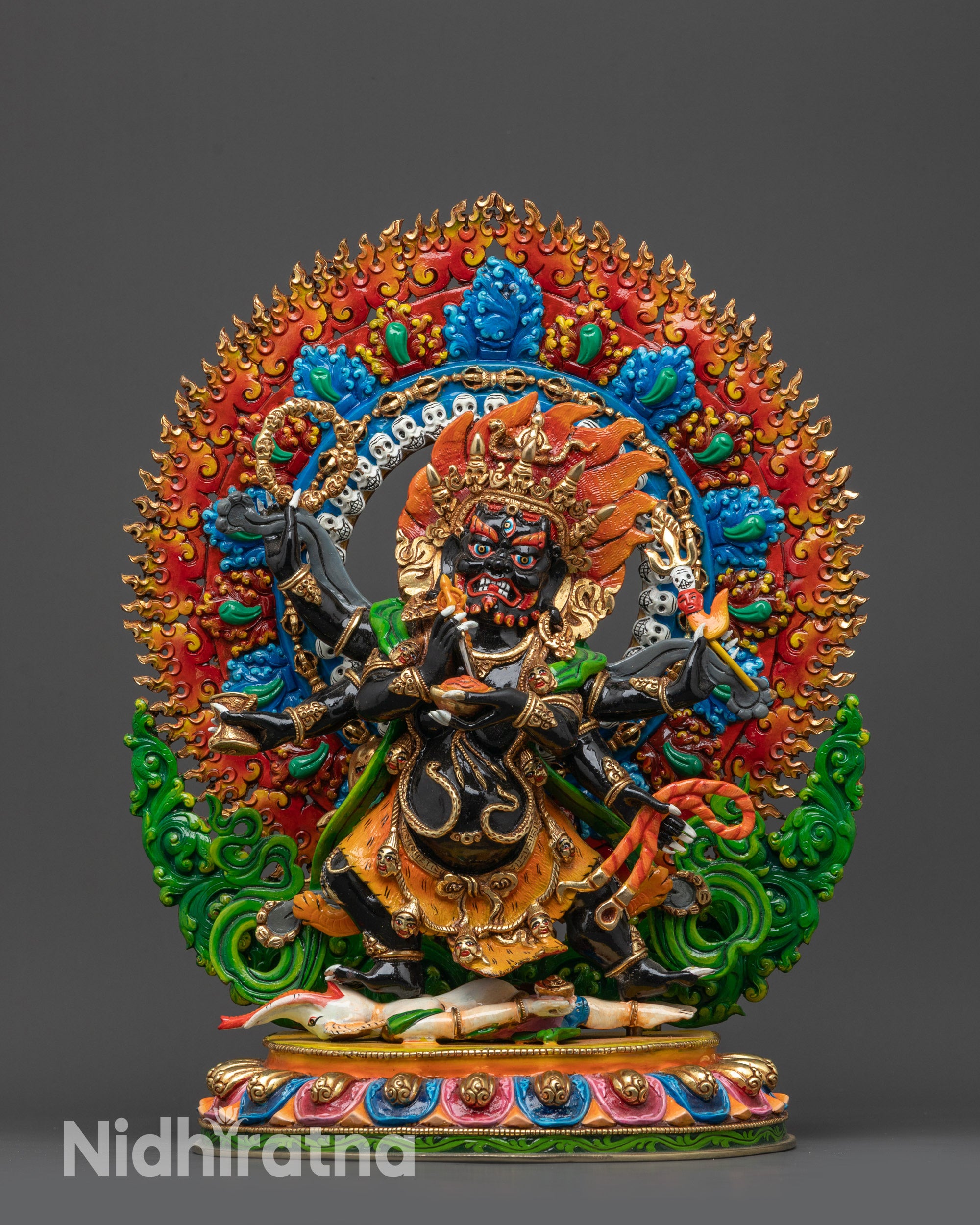 Front view Coloured Six-Armed Mahakala Statue with wrathful expression and flaming hair
