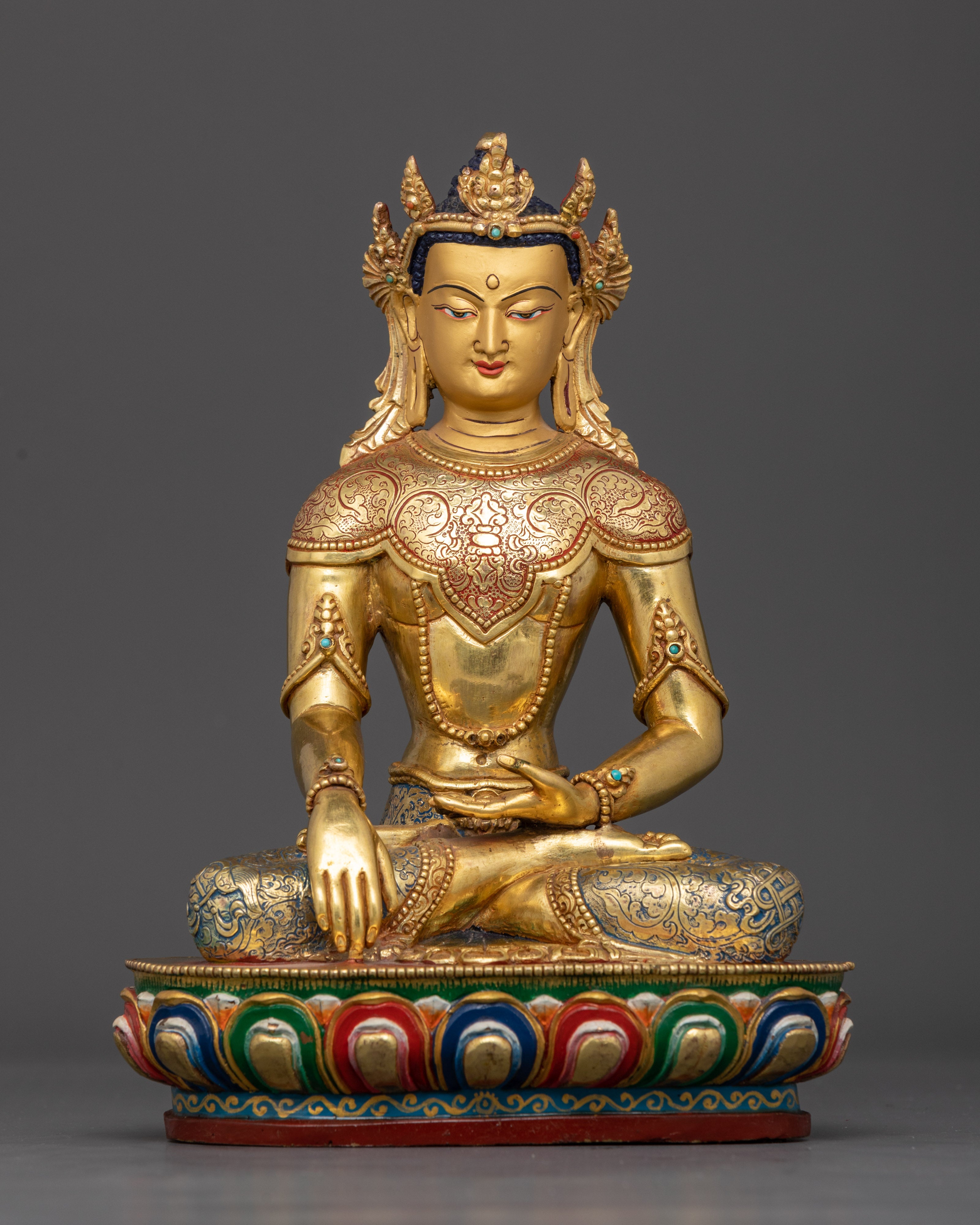 Front view Crown Shakyamuni Buddha statue gold gilded copper Nepal art