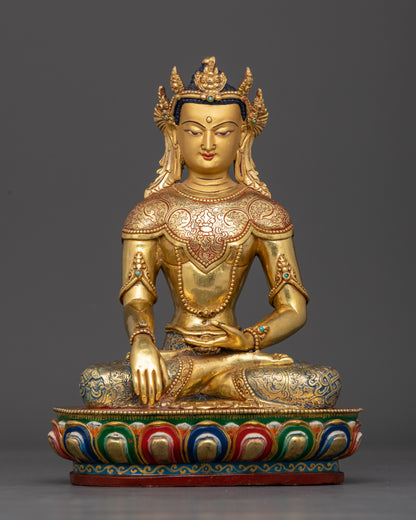 Front view Crown Shakyamuni Buddha statue gold gilded copper Nepal art