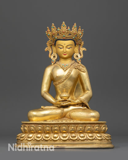 Front view Crowned Amitabha Buddha Statue with gold-gilded face and lotus seat
