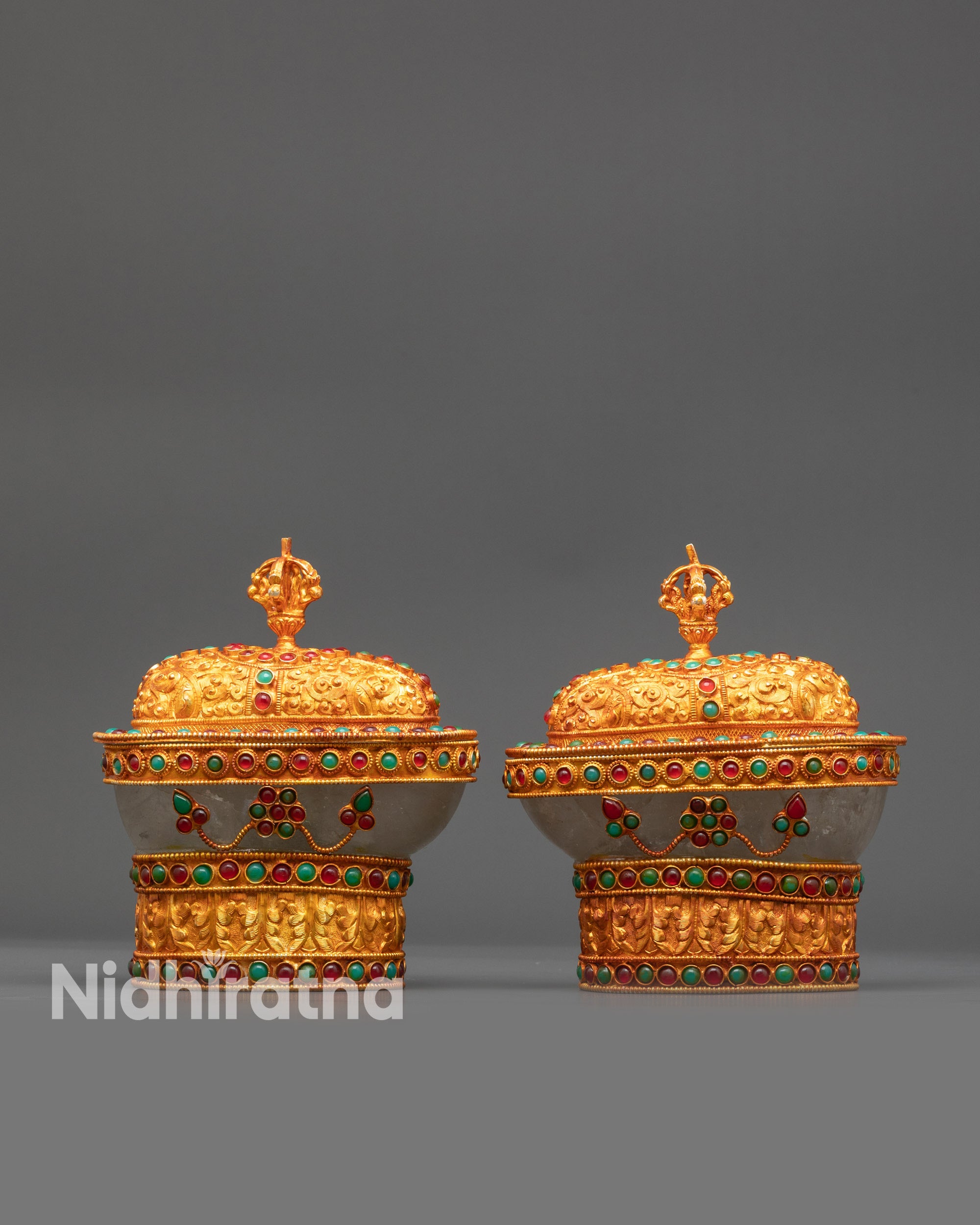 Front view Crystal Kapala skull cup with gold-plated base for Vajrayana rituals
