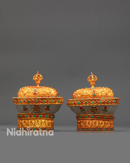 Front view Crystal Kapala skull cup with gold-plated base for Vajrayana rituals