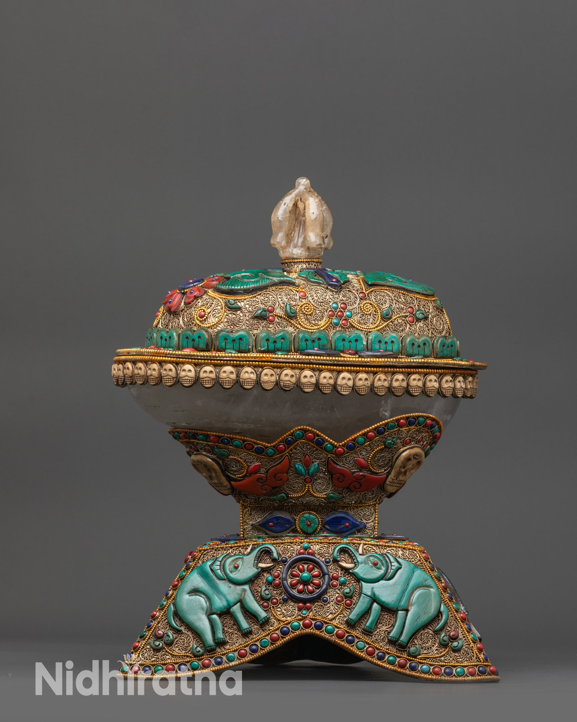 Front view Crystal Kapala with gold and copper filigree on copper base for Vajrayana rituals
