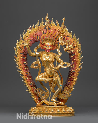 Front view Dakini Simha Mukha Statue with gold-gilded face and fierce expression