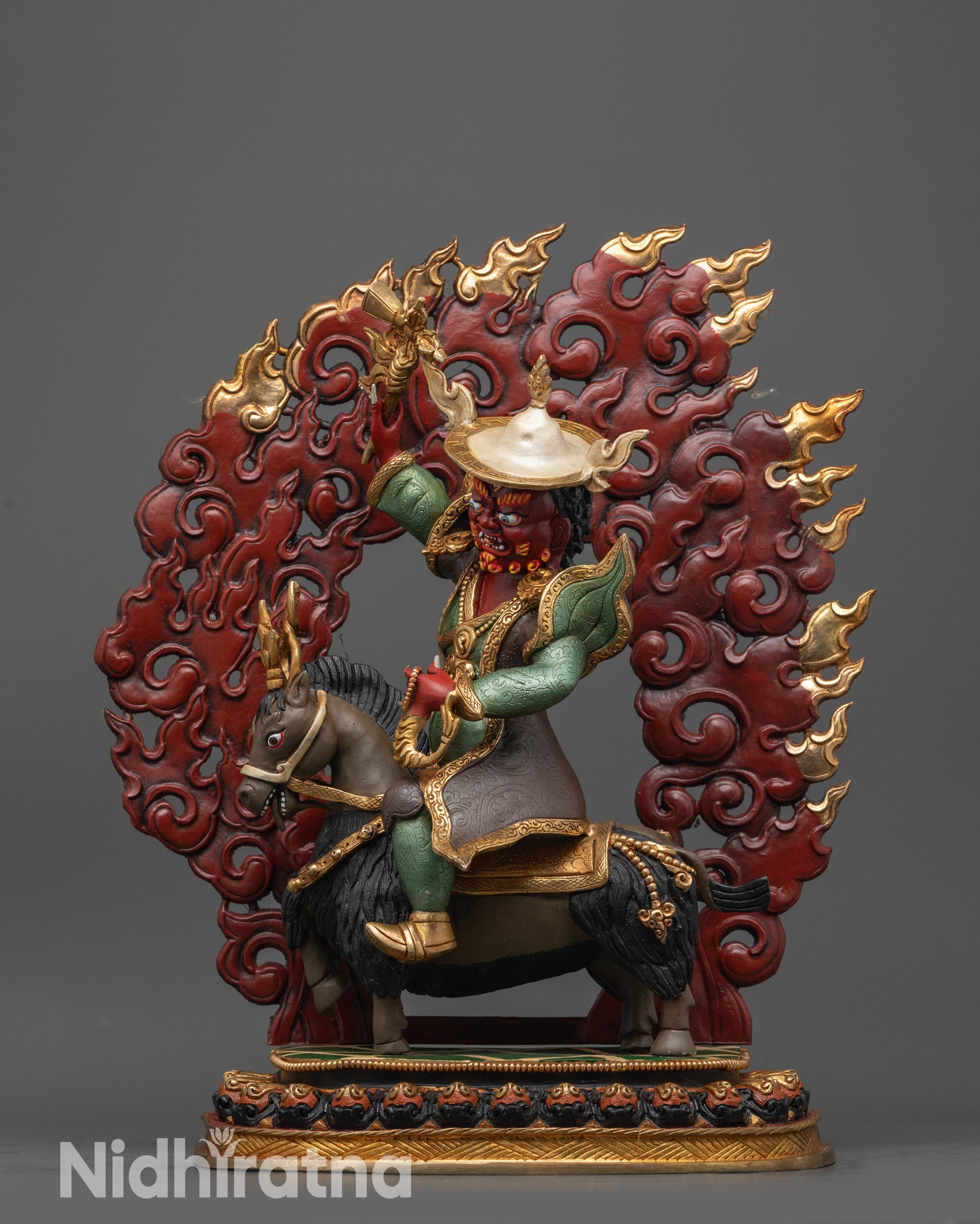 Front view Damchen Garwa Nagpo Statue riding horse with guardian pose