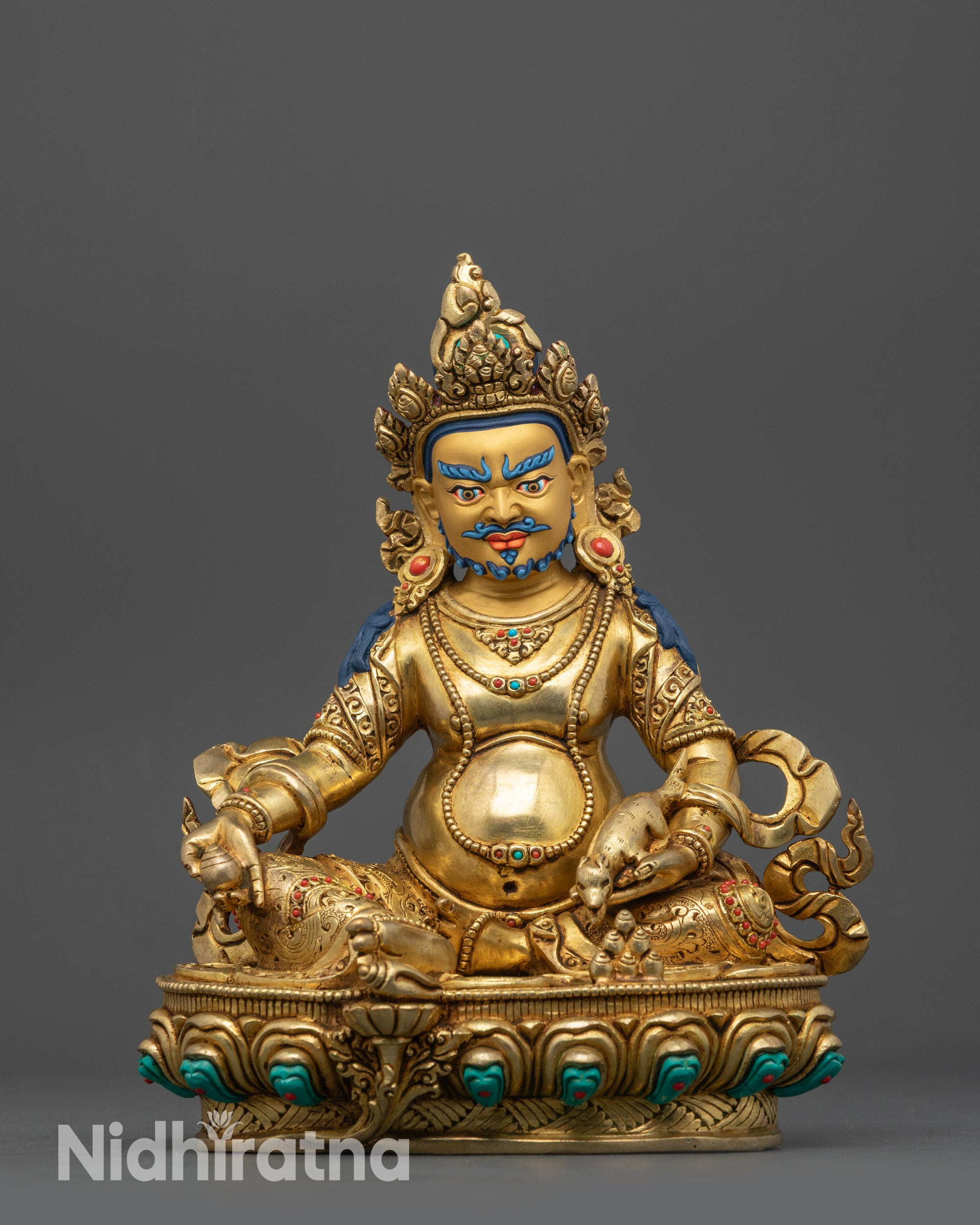Front view Deity of Wealth Yellow Jambhala Statue with lotus seat and gold-fire gilded finish