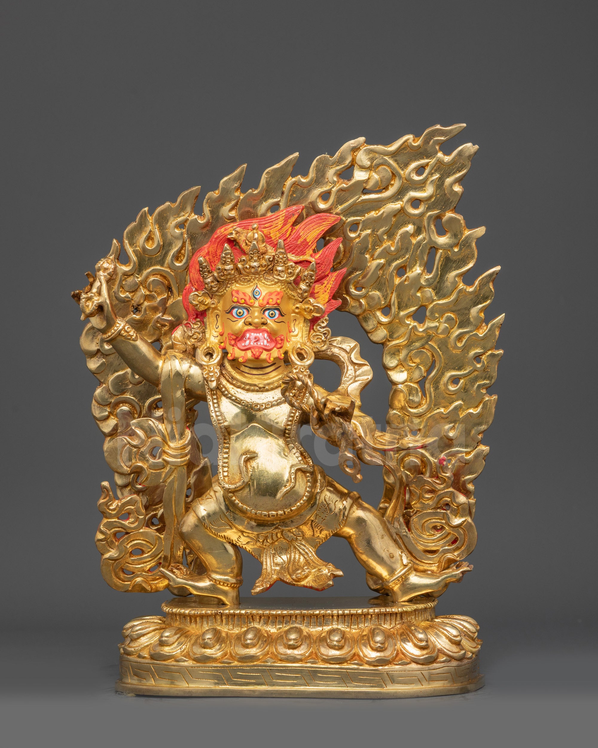 Front view Dharma Protector Vajrapani Statue gold fire-gilded Himalayan Buddhist sculpture
