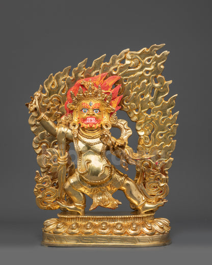 Front view Dharma Protector Vajrapani Statue gold fire-gilded Himalayan Buddhist sculpture
