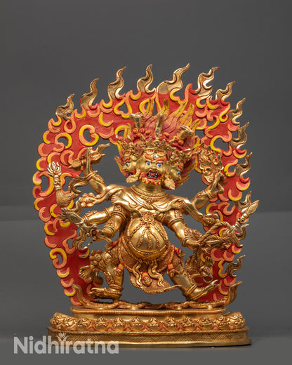 Front view Dharmapala Statue with 24k gold fire-gilded body and fierce multi-arm pose
