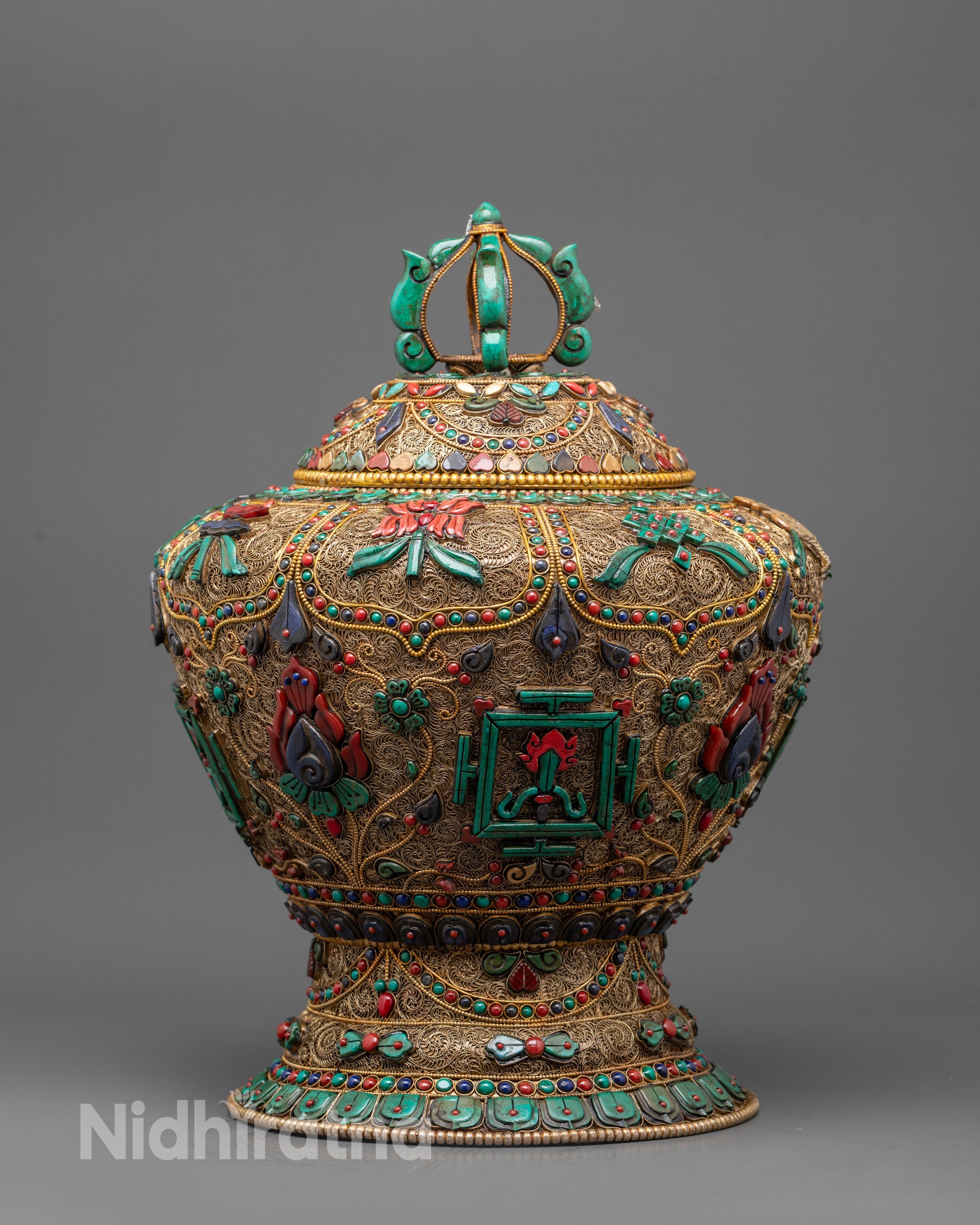 Front view Dhupur Rice Pot with copper filigree and semi-precious stones