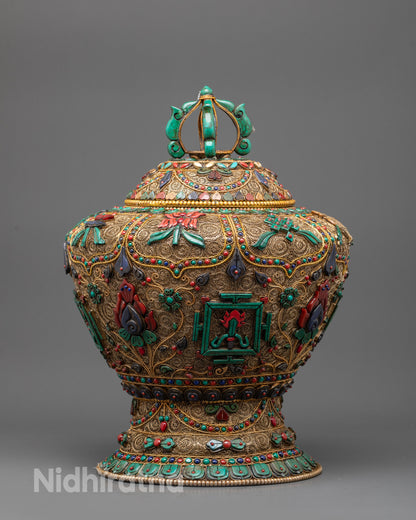 Front view Dhupur Rice Pot with copper filigree and semi-precious stones
