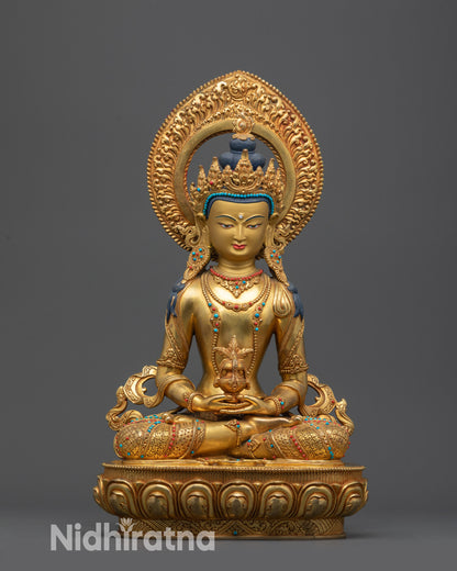 Front view Divine Amitayus Statue on lotus pedestal with gold-gilded face and crown
