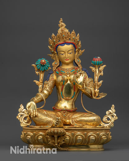 Front view Divine Green Tara Statue on lotus seat with five-jeweled crown and Utpala flower