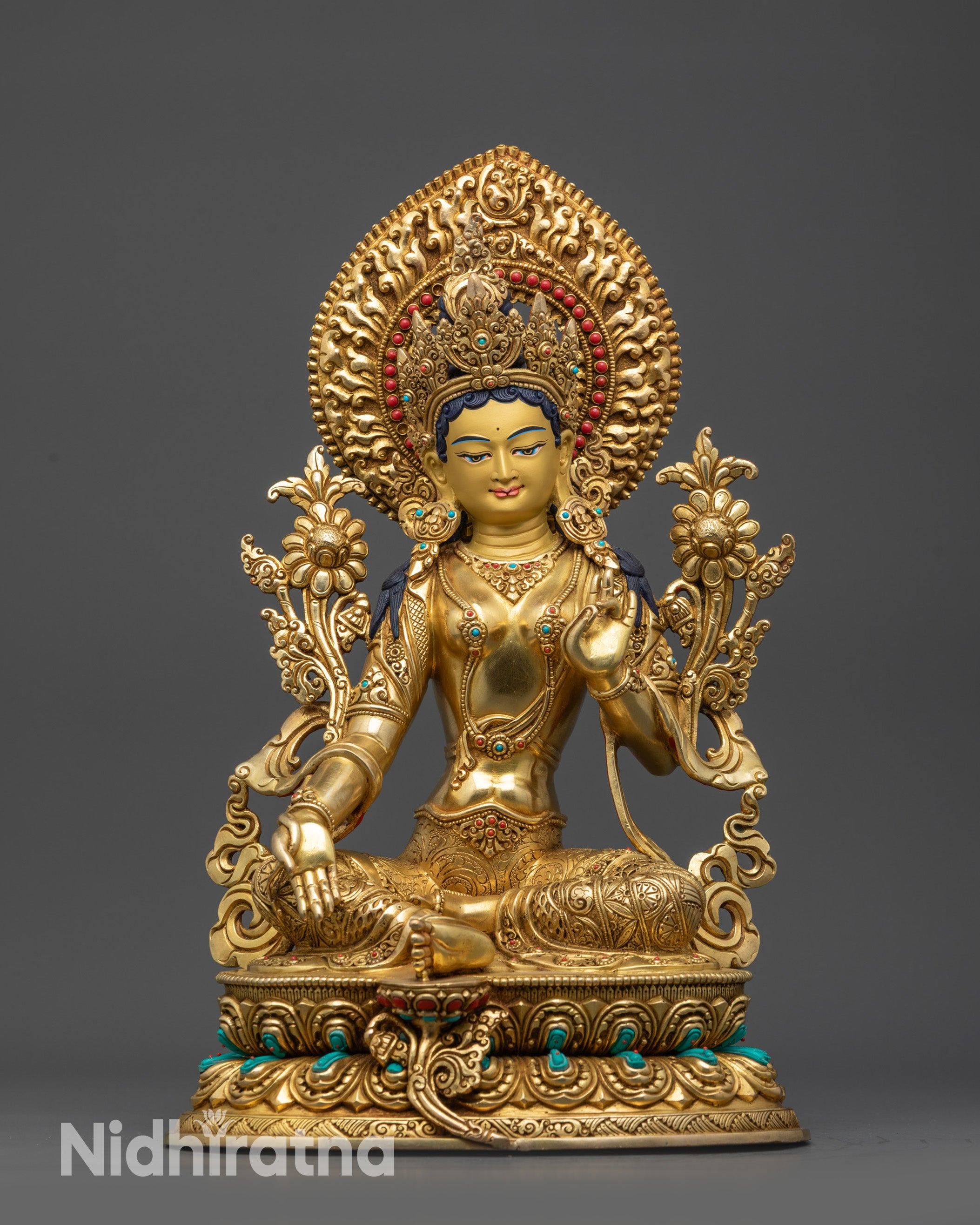 Front view Divine Green Tara Statue with gold-gilded face and jeweled lotus throne