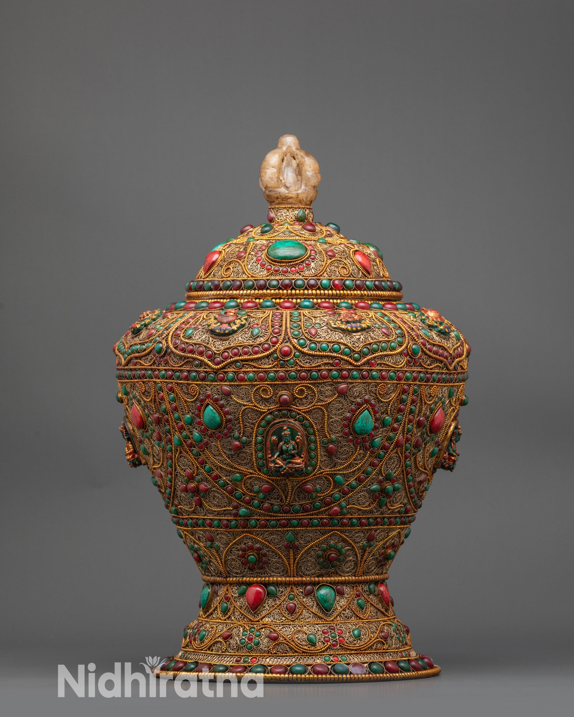 Front view Divine Tibetan Rice Pot with gold-plated filigree and gemstones
