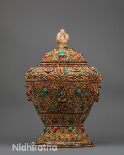 Front view Divine Tibetan Rice Pot with gold-plated filigree and gemstones
