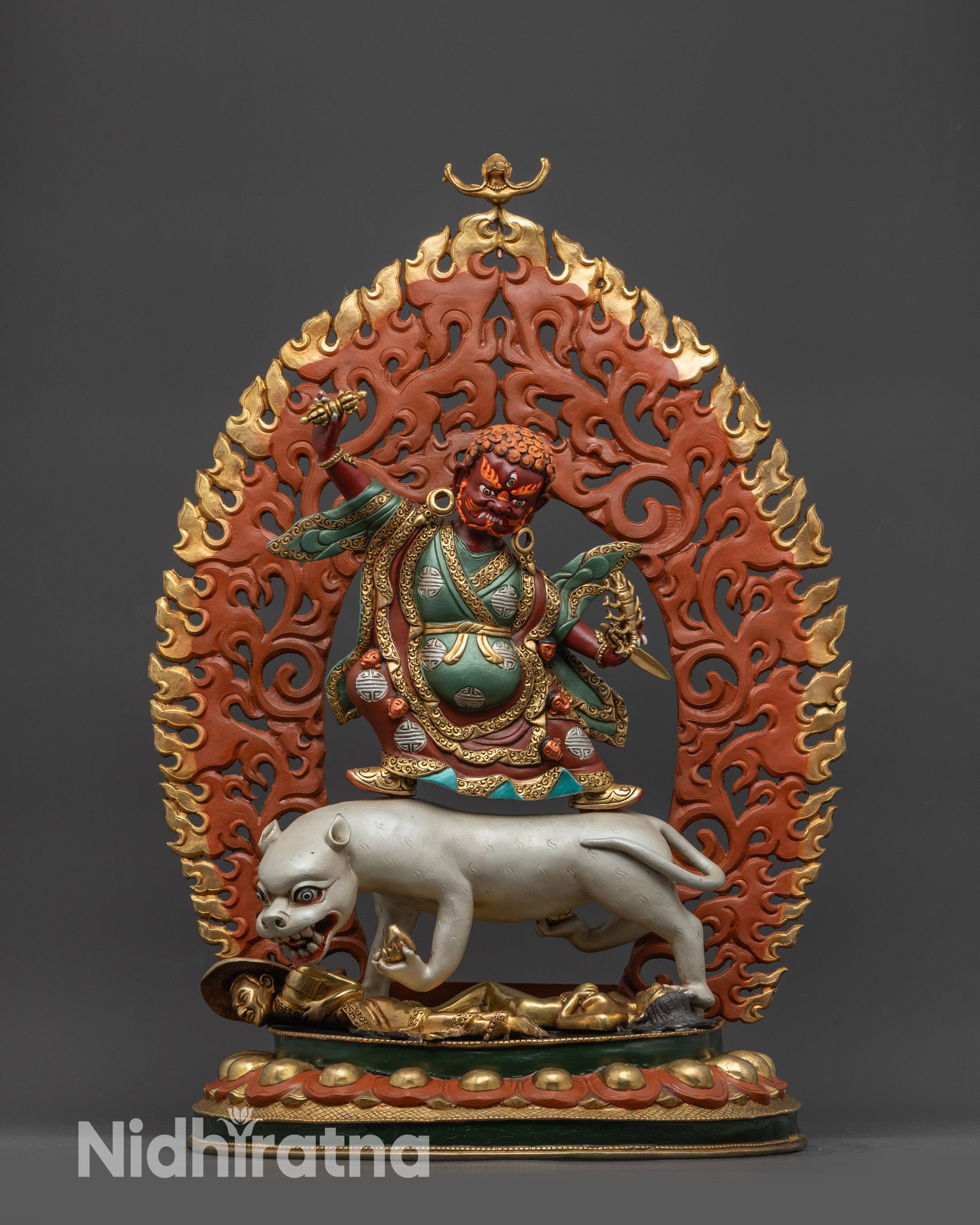 Front view Dorje Drolo statue on tigress with Dorje and Purbha
