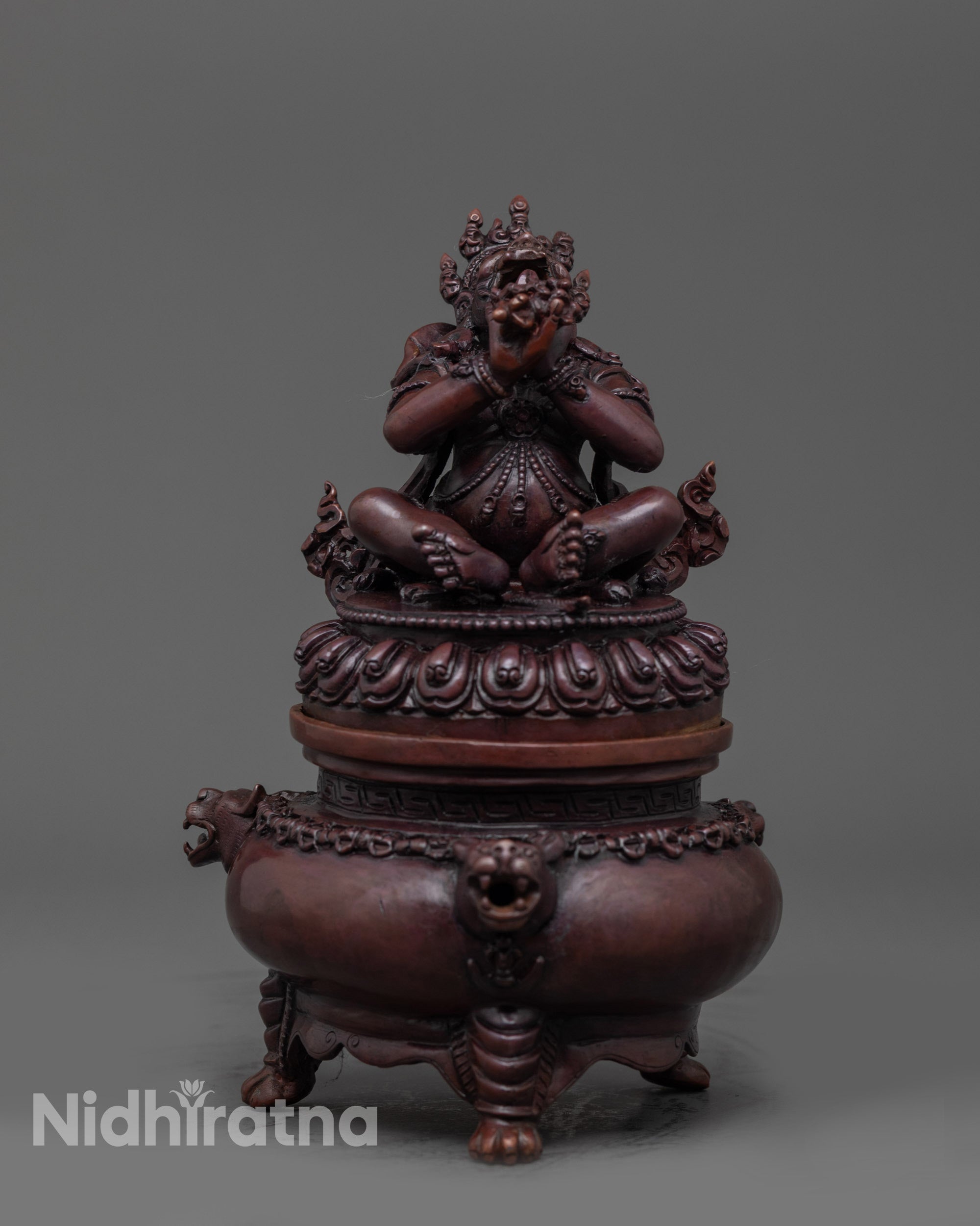 Front view Dorje Khadro Statue in oxidized copper with vajra and tiger-skin garment
