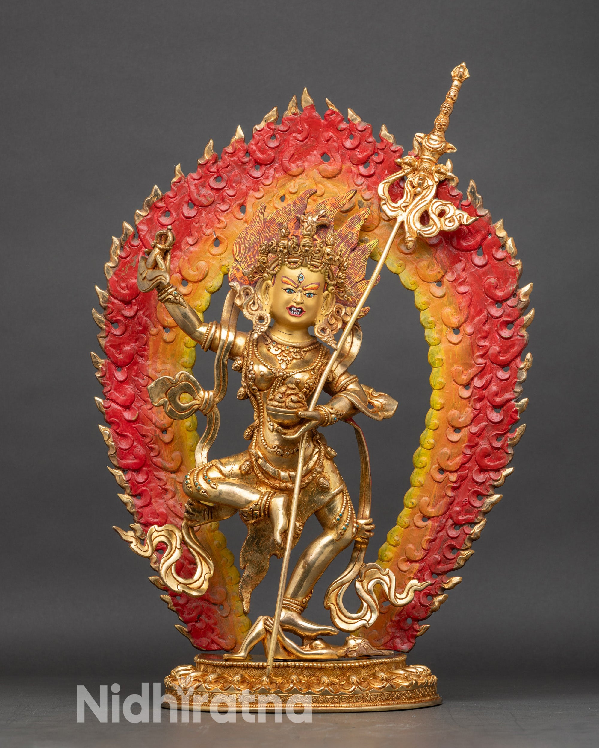 Front view Dorje Phagmo gold fire-gilded Tibetan Buddhist statue with wrathful expression