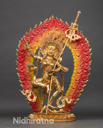 Front view Dorje Phagmo gold fire-gilded Tibetan Buddhist statue with wrathful expression