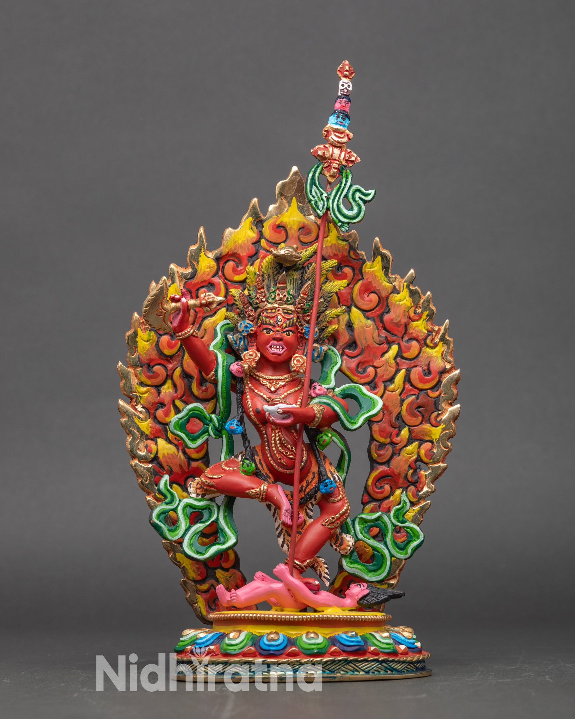 Front view Dorje Phagmo statue dancing wrathful Vajrayana Dakini with gold details