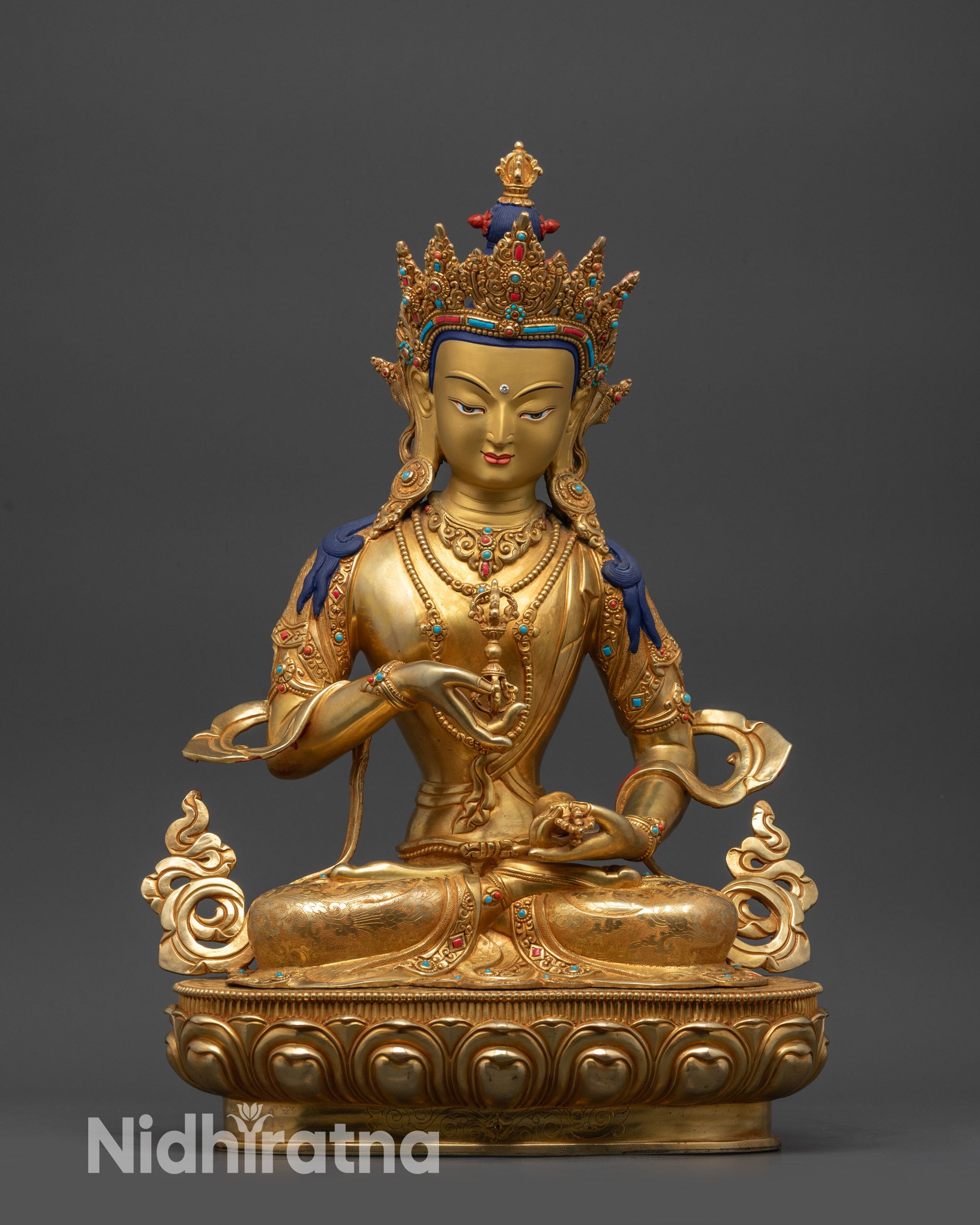 Front view Dorje Sempa statue with five-jeweled crown and robe on gold fire-gilded base