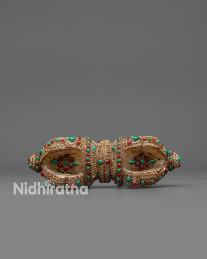 Front view Double-Ended Crystal Dorje Vajra with turquoise, ruby & emerald stones
