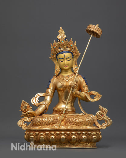 Front view Dukar White Parasol Bodhisattva statue with gold-gilded face and parasol
