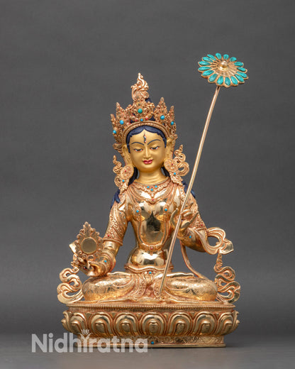 Front view Dukar statue gold Nepal coral turquoise lotus throne meditative decor