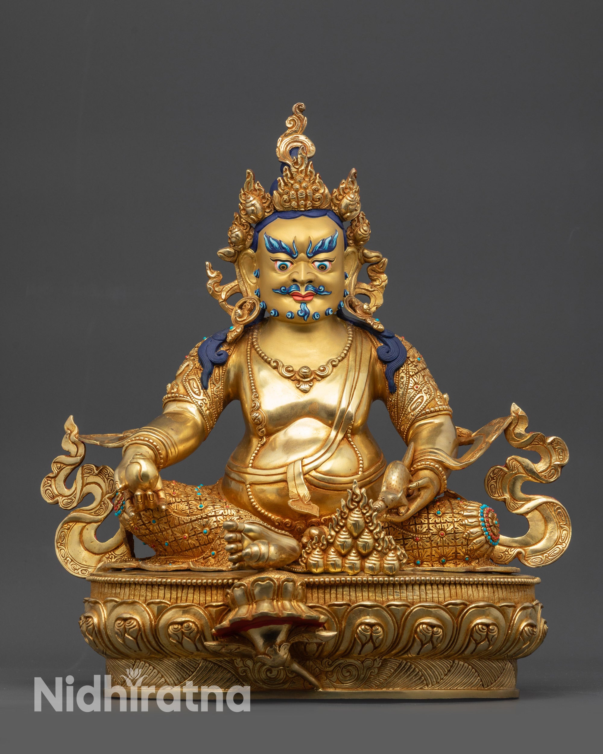 Front view Dzambhala Statue on lotus seat with gold fire-gilded base
