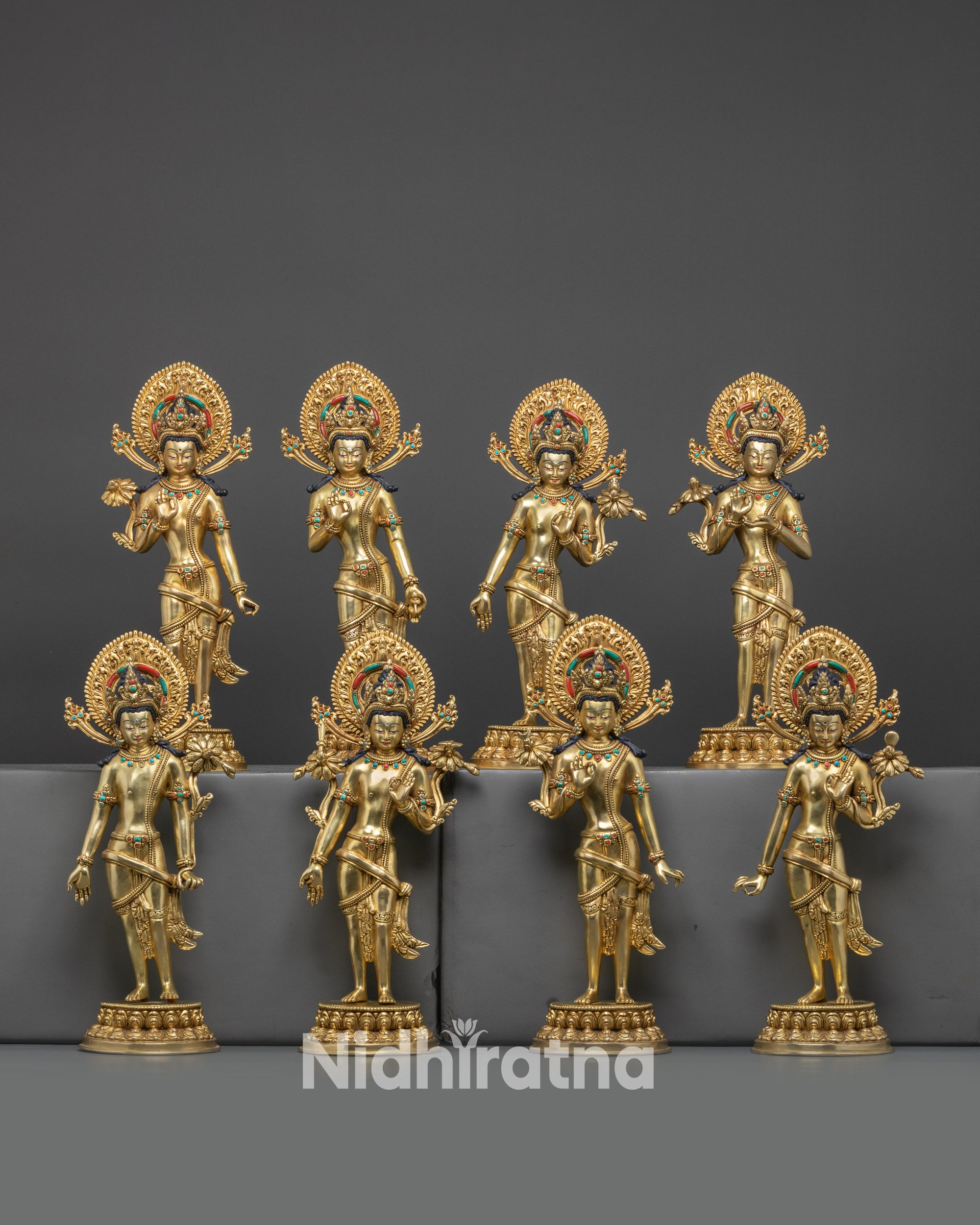 Front view Eight Bodhisattvas set on double lotus with gold-fire gilded base