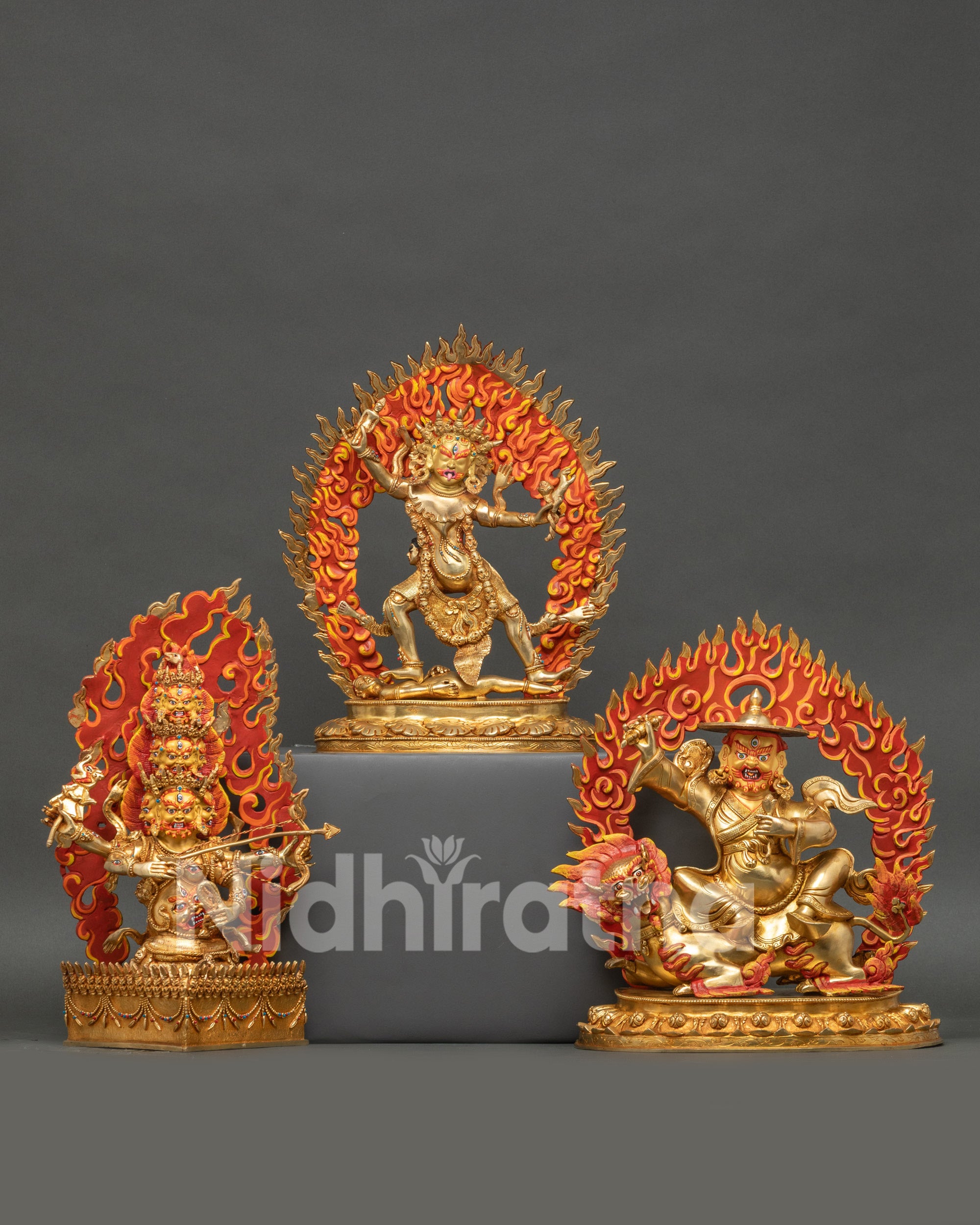 Front view Ekajati trio set statue with Rahula and Dorje Legpa, gold-detailed copper Nepal