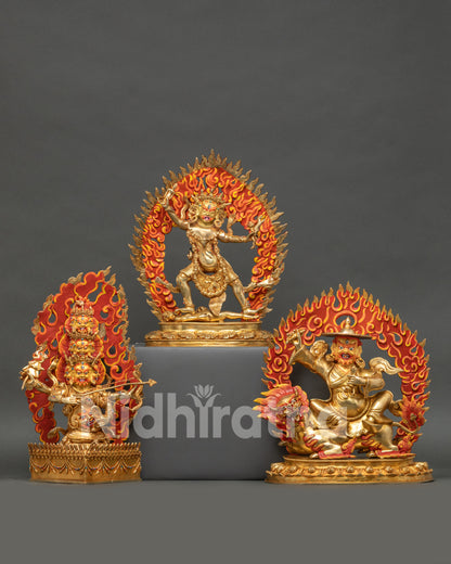 Front view Ekajati trio set statue with Rahula and Dorje Legpa, gold-detailed copper Nepal