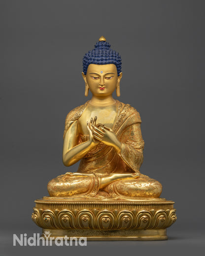 Front view Enlightened Buddha Vairocana statue with gold-gilded face and lotus seat