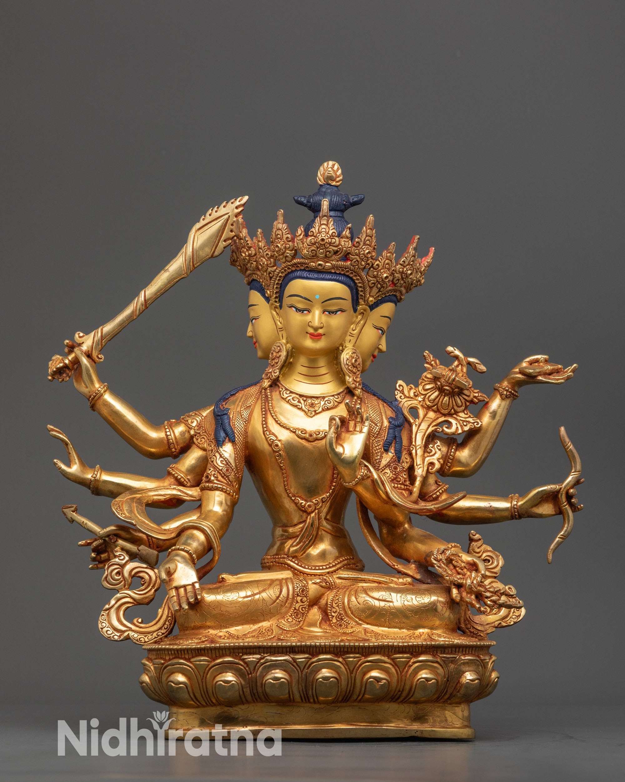 Front view Exquisite Maha Manjushri Statue on lotus throne with gold-fire gilded crown