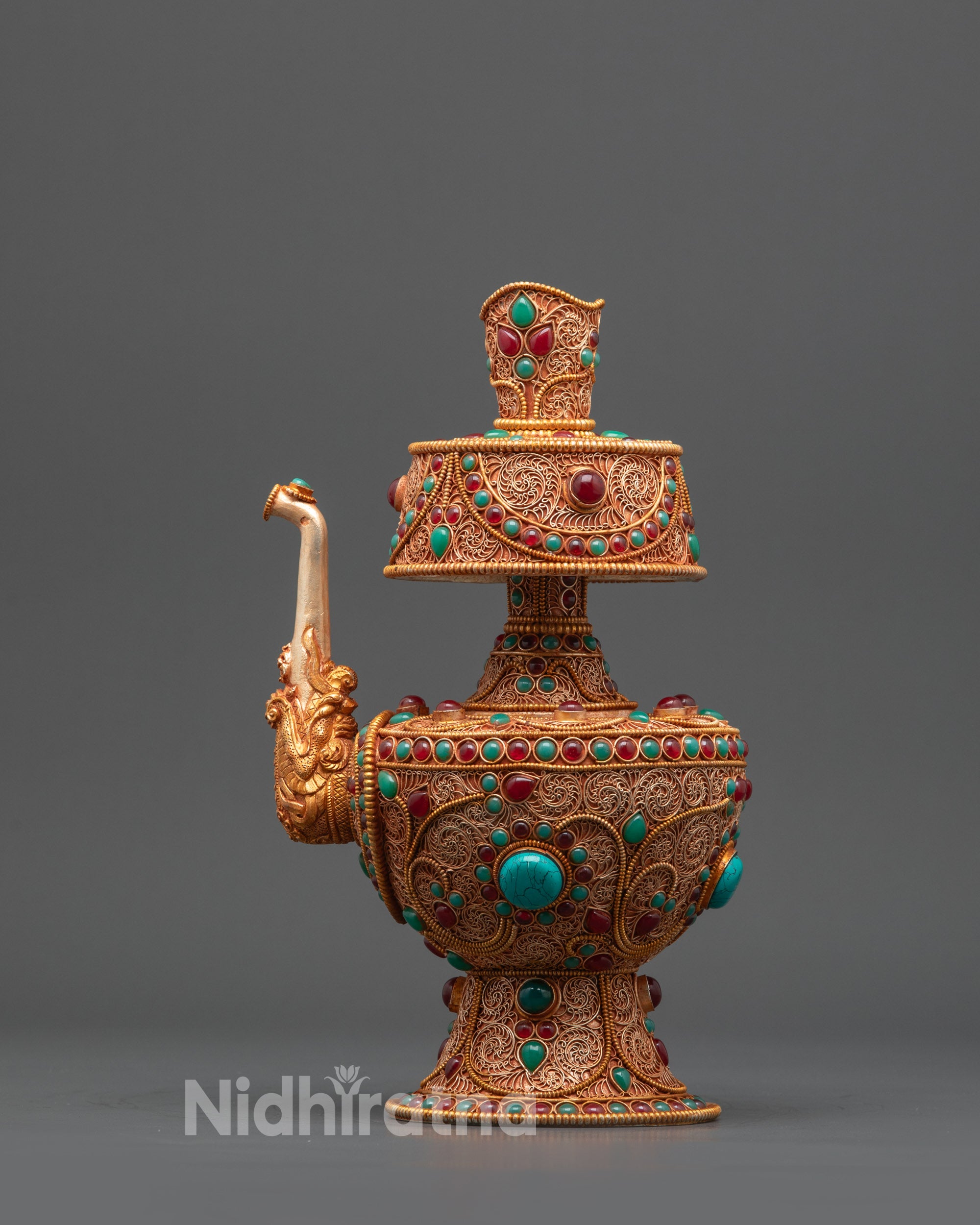 Front view Exquisite Tibetan Bhumba with domed lid and rounded body showing filigree details
