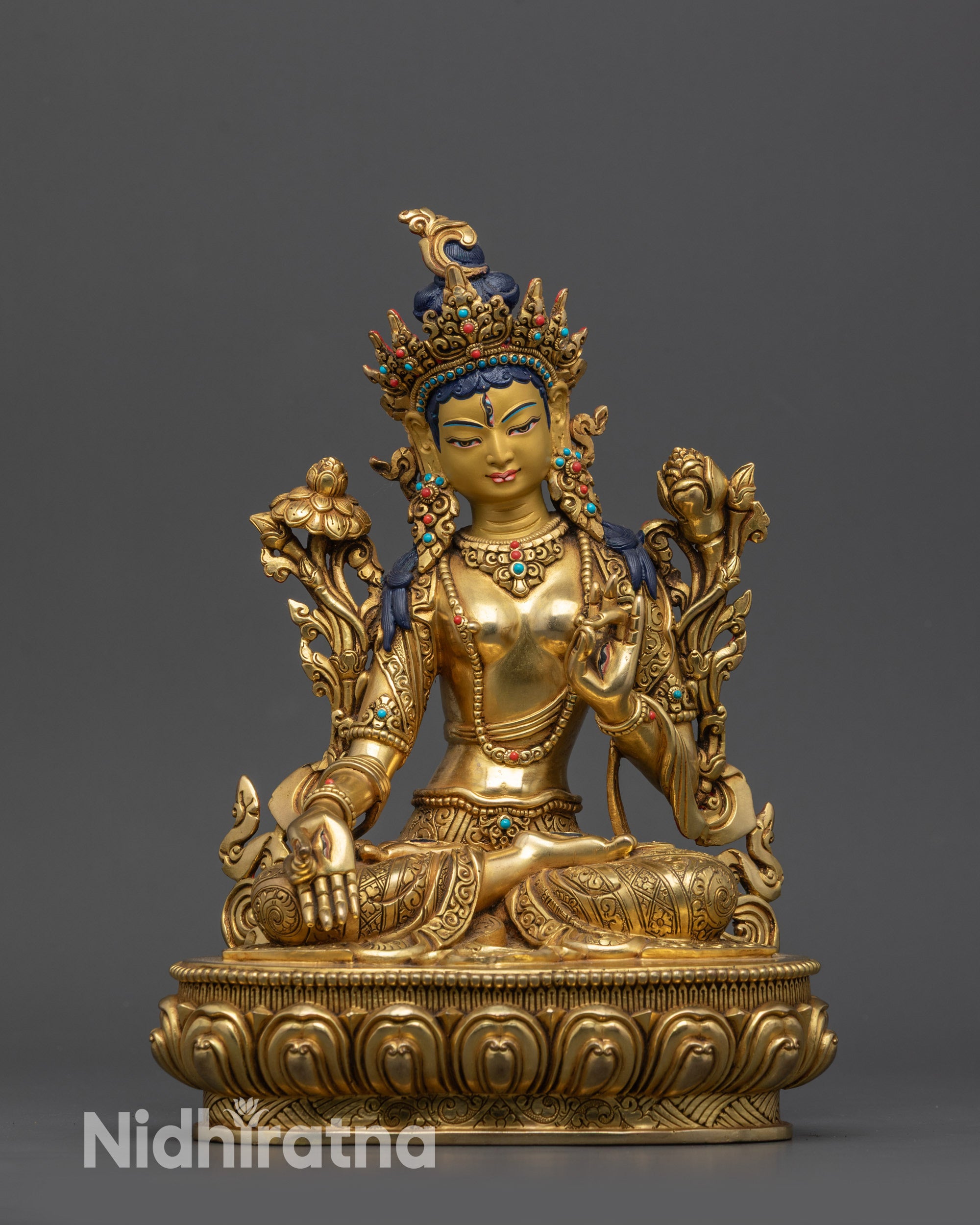 Front view Exquisite White Tara Statue with gold-gilded face and copper base