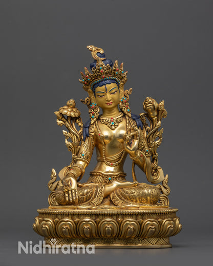 Front view Exquisite White Tara Statue with gold-gilded face and copper base