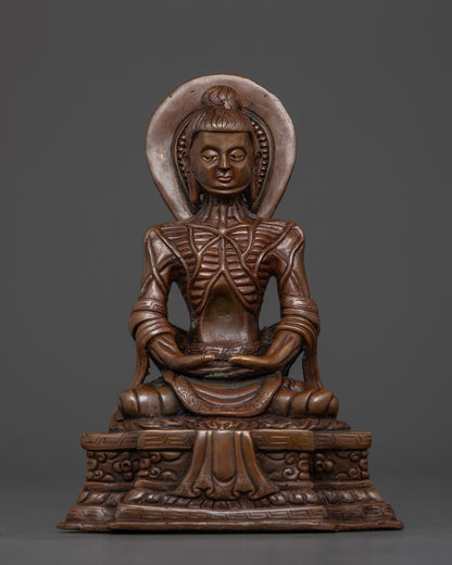 Front view Fasting Buddha statue oxidized copper Nepalese ascetic seated lotus throne