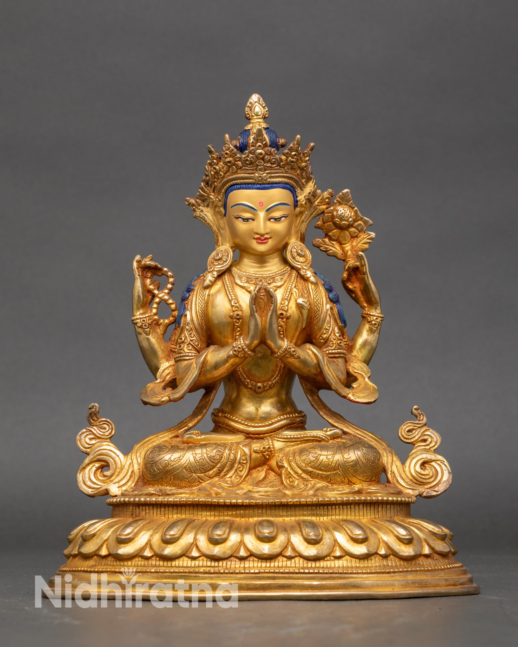 Front view Four-Armed Avalokiteshvara gold-gilded Tibetan Buddhist statue