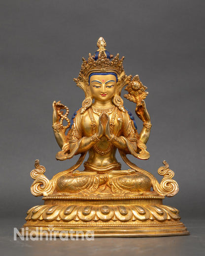 Front view Four-Armed Avalokiteshvara gold-gilded Tibetan Buddhist statue