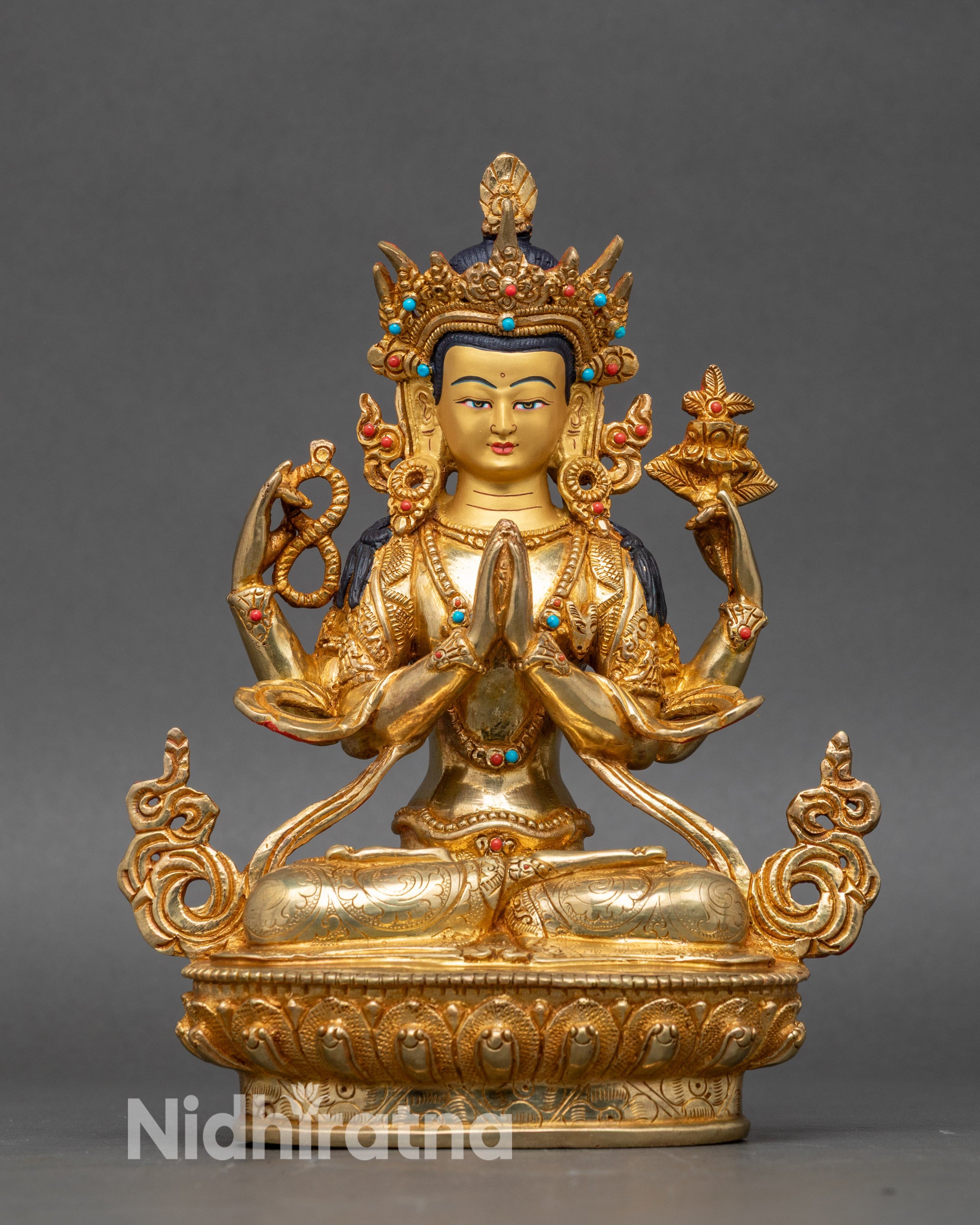 Front view Four-Armed Chenrezig Statue – gold gilded copper with semi-precious stones